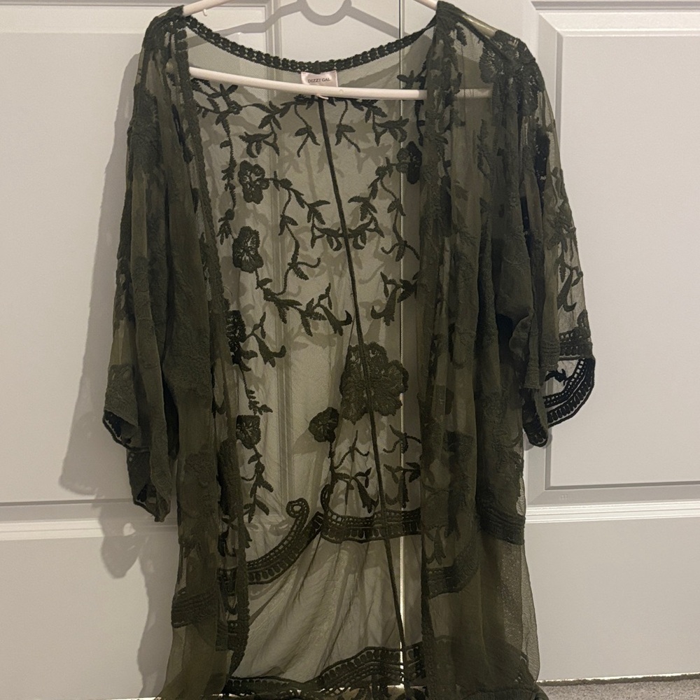 Elegant Olive Green Lace Kimono Top